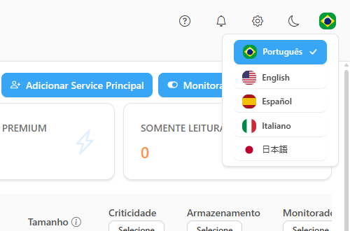 Controles do topo com Ajuda, Novidades, a engrenagem de configurações, o botão de tema e o seletor de idioma aberto