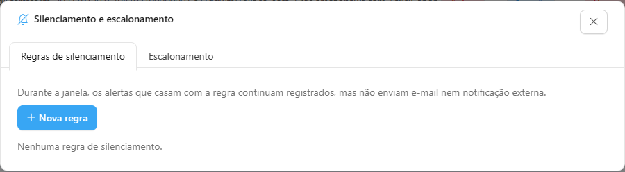 Modal Silenciamento e escalonamento na aba Regras de silenciamento