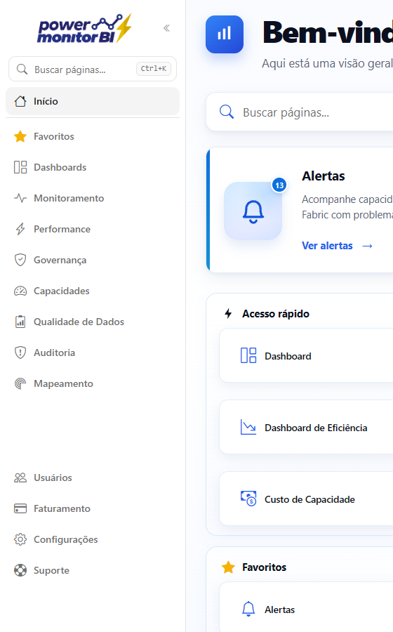 Menu principal expandido com o campo de busca, Início, Favoritos, os nomes das áreas e os utilitários no rodapé