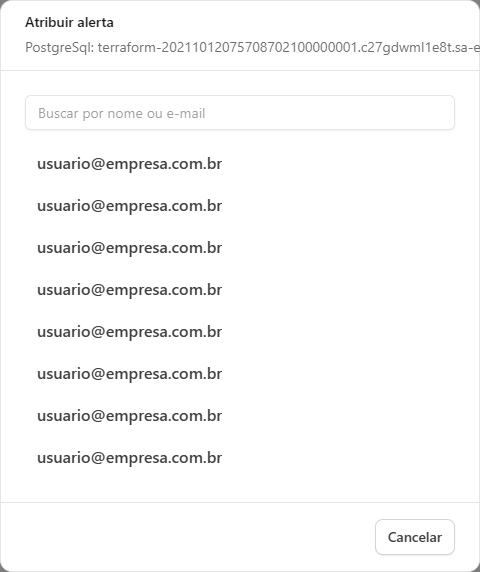 Modal Atribuir alerta com o campo Buscar por nome ou e-mail e a lista de usuários