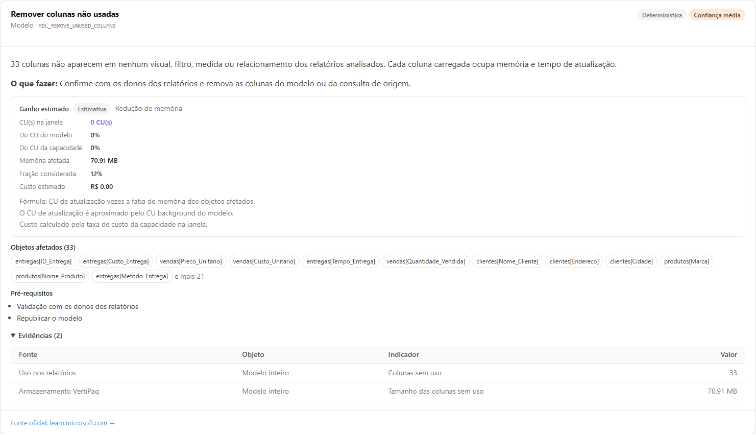 Recomendação da Avaliação de Performance com ganho estimado, objetos afetados e evidências