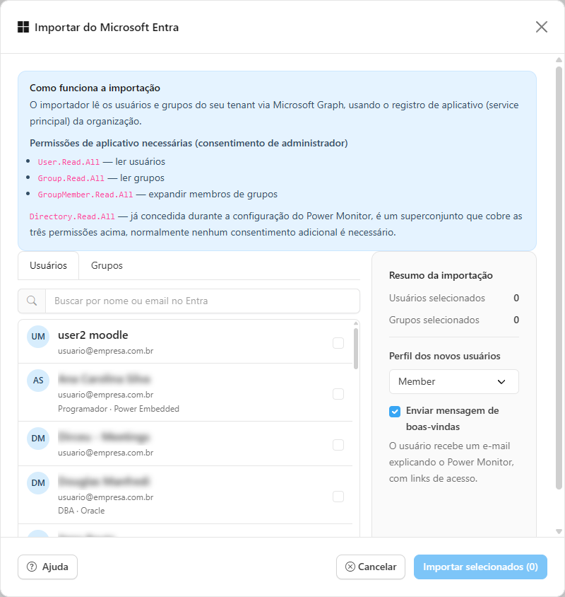 Quadro Como funciona a importação com as permissões necessárias no Microsoft Graph