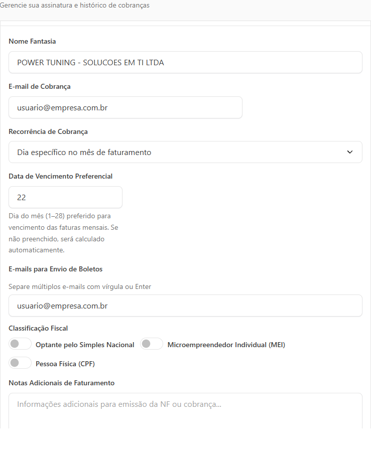 Card Configurações de Faturamento com e-mail de cobrança, recorrência, vencimento, e-mails para boletos e classificação fiscal