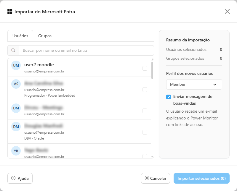 Modal Importar do Microsoft Entra com as abas Usuários e Grupos