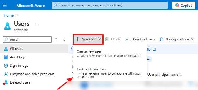 Opção Invite external user no portal do Azure