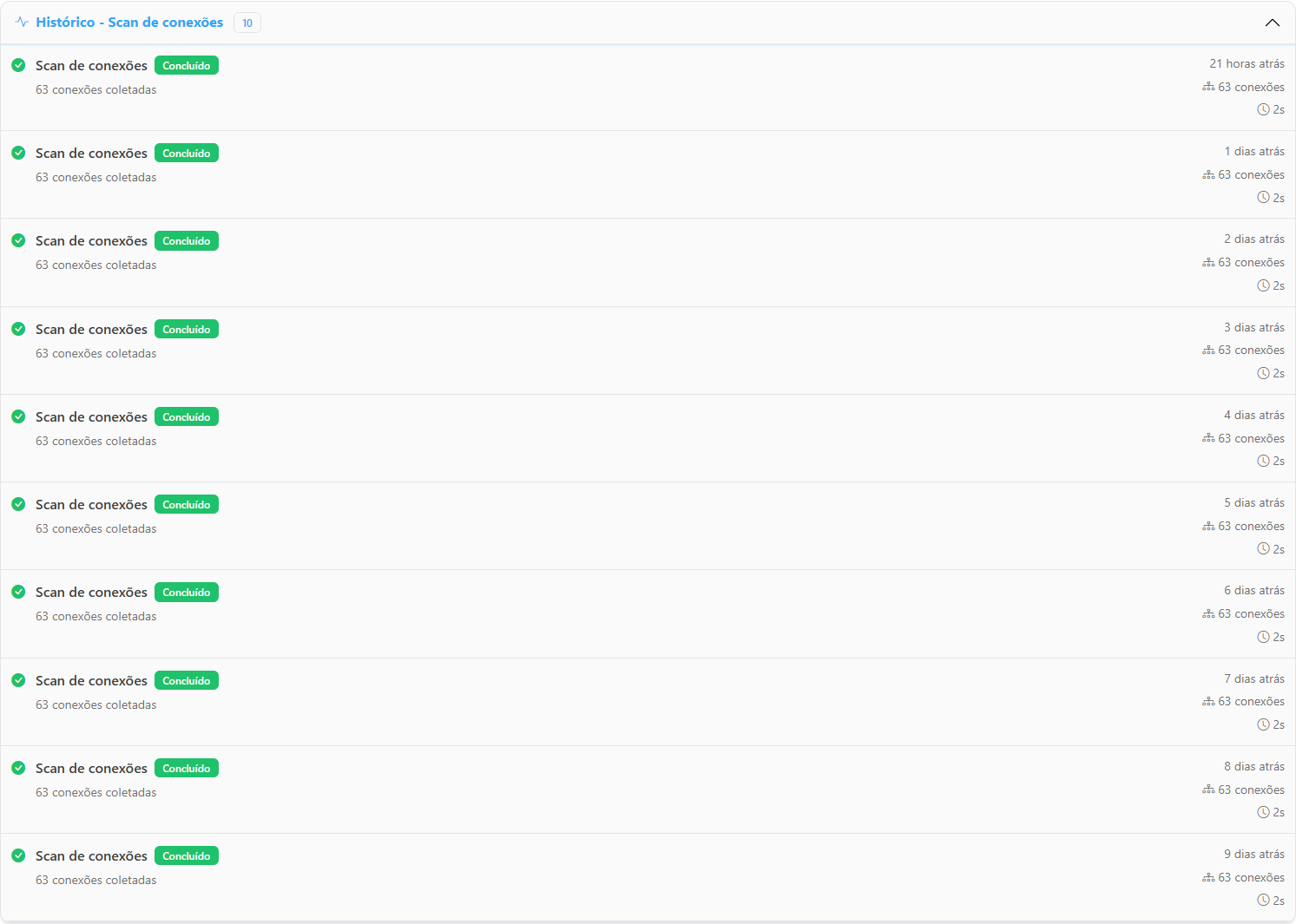 Histórico do scan de conexões expandido com status, conexões coletadas, tempo decorrido e duração