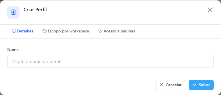 Modal Criar Perfil na aba Detalhes com o campo Nome