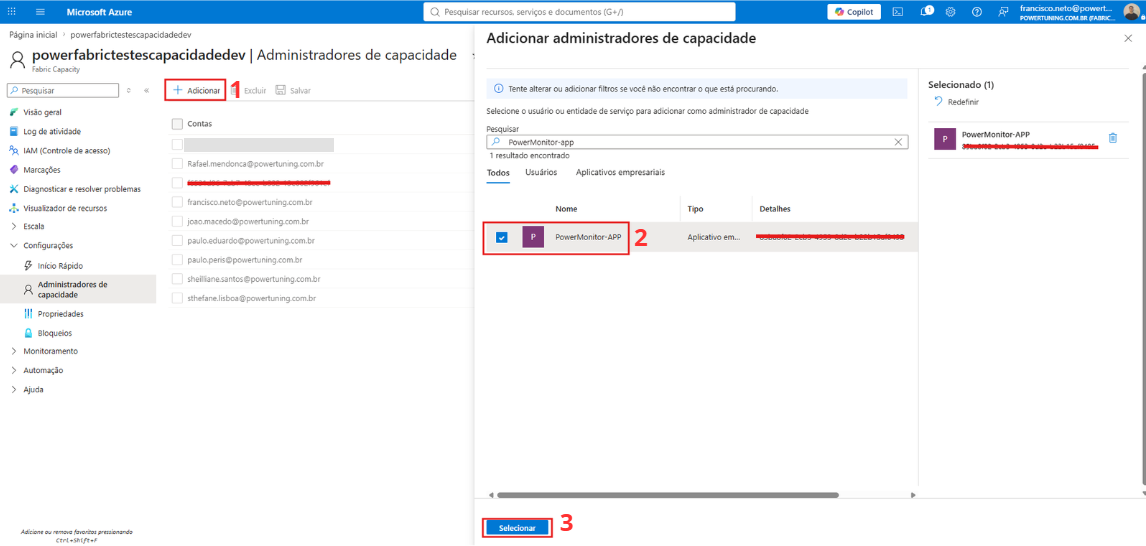 Administradores da capacidade no portal do Azure