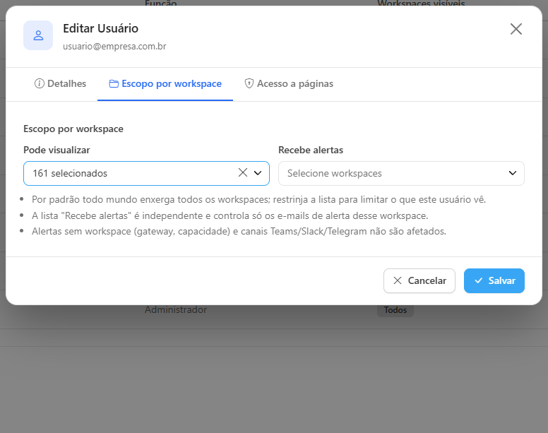 Lista Pode visualizar aberta, com busca e caixas de seleção por workspace