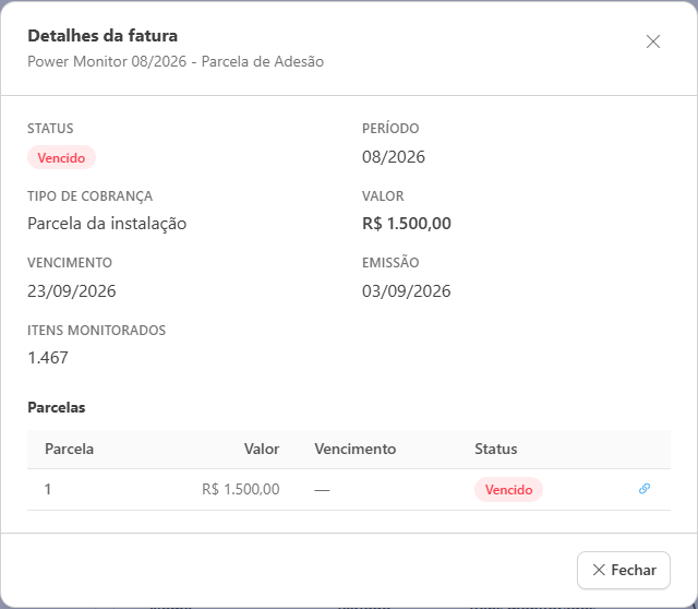 Modal Detalhes da fatura com parcelas e links