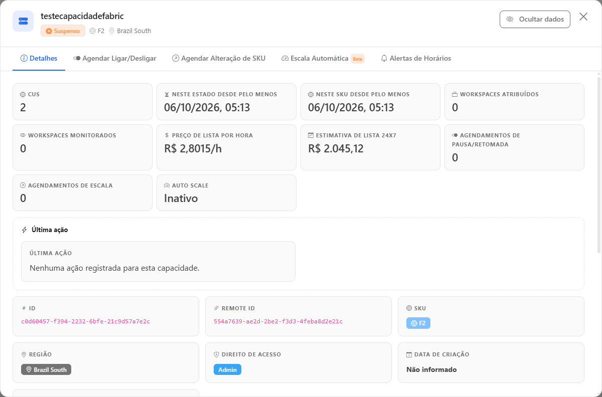 Detalhes da capacidade no Power Monitor com a seção Localização do recurso no Azure