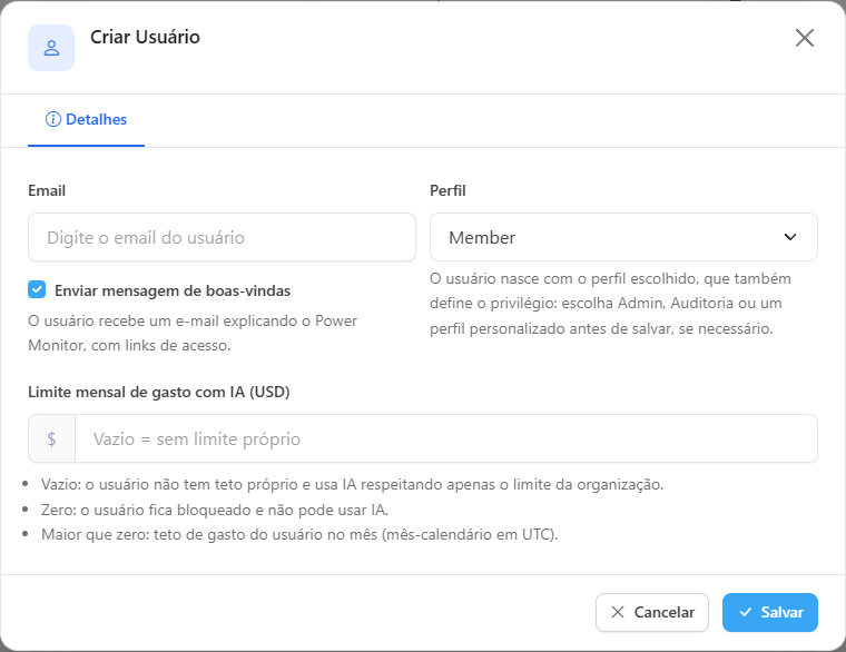 Modal Criar Usuário com os campos Email, Perfil, Limite mensal de gasto com IA e a opção Enviar mensagem de boas-vindas