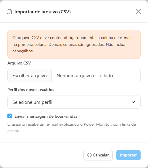 Modal Importar de arquivo (CSV) com o seletor de arquivo e o Perfil dos novos usuários