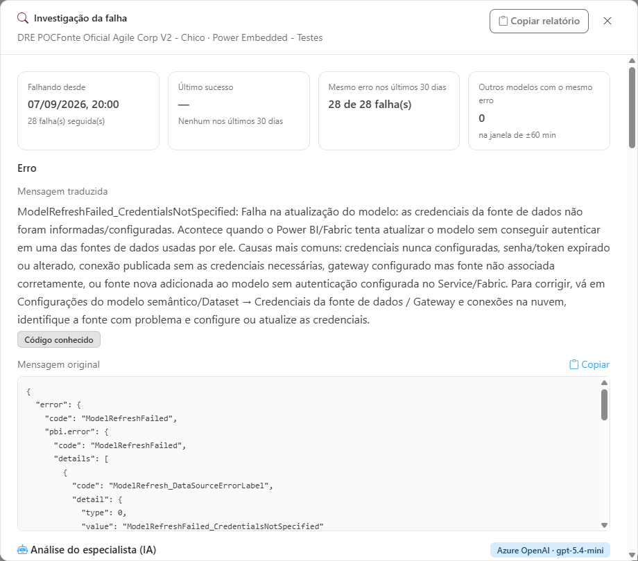 Dossiê de investigação de uma falha de atualização com análise por IA